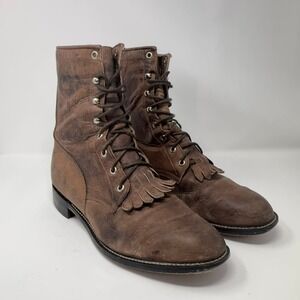 Justin Boots Mens 8.5 EE Brown Leather Lace Up Packer Kiltie Logger Western USA